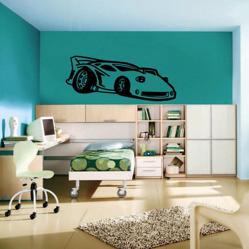 Black cartoon race car wall decal with wheels and front headlights