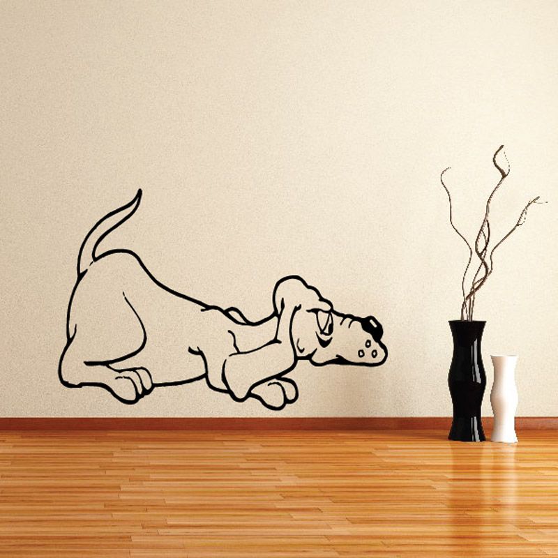 Cartoon sleepy dog wall decal, black line art of a resting dog with open eyes.