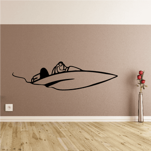Cartoon speedboat decal with driver, black and white illustrated boat