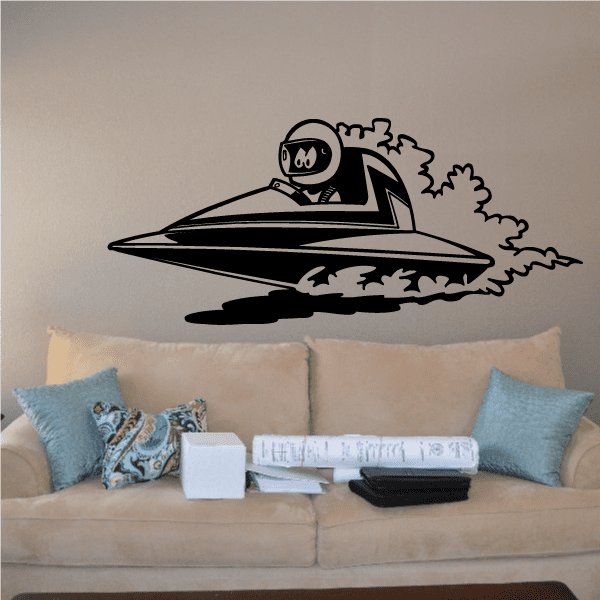 Cartoon speedboat wall decal: black-and-gray speedboat with splash and driver helmet