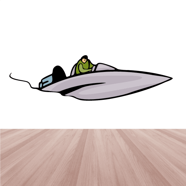 Cartoon speedboat sticker with light purple boat and green driver in a cap