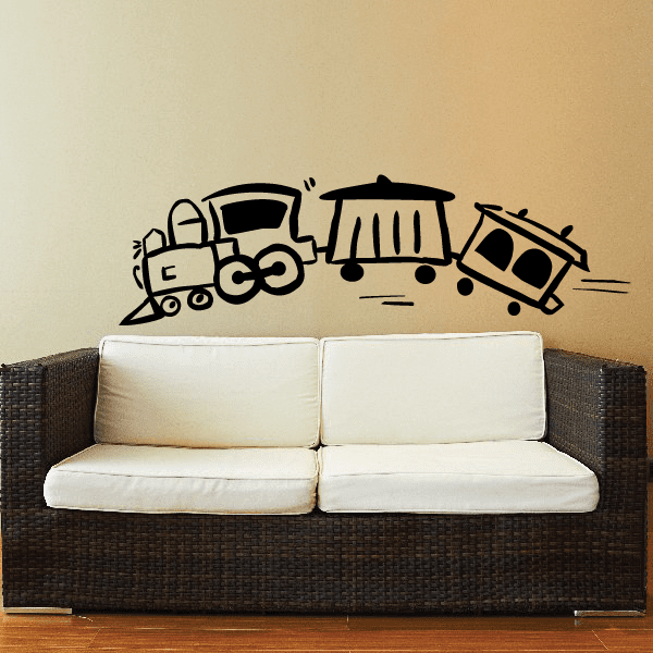 Cartoon speeding train wall decal with black and white locomotive and tracks