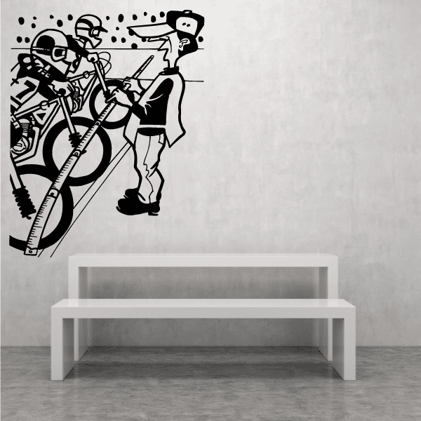 Cartoon dirt bike decal with rider on bike, black outline on light background