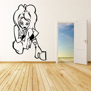 Cartoon wall decal of stylized girl in black-and-white outline, kneeling pose