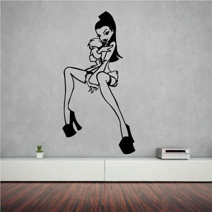 Cartoon stripper wall decal with long hair, holding a drink, wearing high-heel boots.