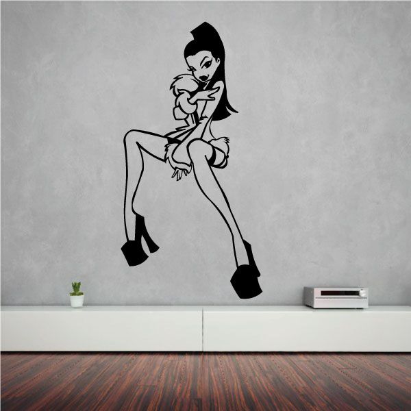 Cartoon stripper wall decal with long hair, holding a drink, wearing high-heel boots.