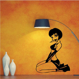 Cartoon woman miniskirt decal, black seated pose with outlined arms and legs