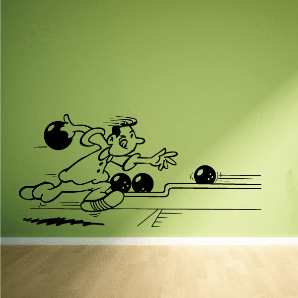 Cartoon bowling player throwing ball wall decal, bold black outline