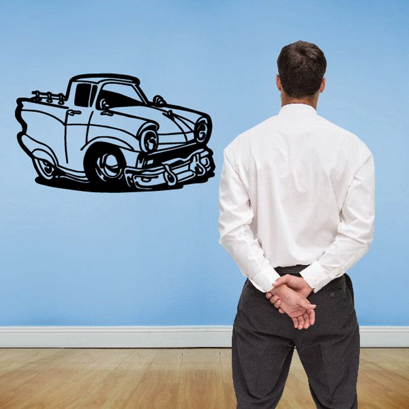 Cartoon truck wall decal with bold black line drawing on light blue background