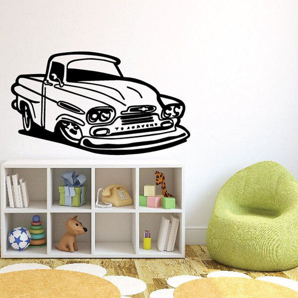 Cartoon truck wall decal with black outline and white interior, vinyl car decal