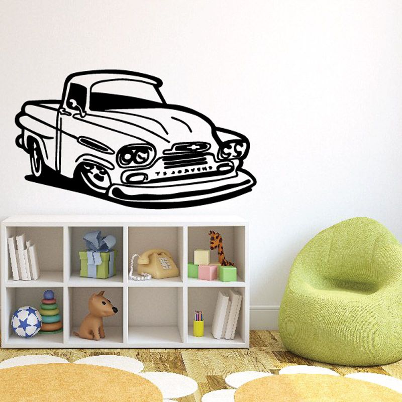 Cartoon truck wall decal with black outline and white interior, vinyl car decal