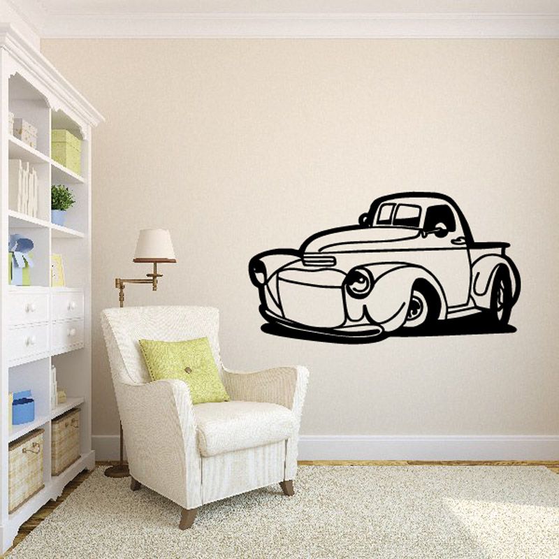 Cartoon truck wall decal, black and white vehicle outline