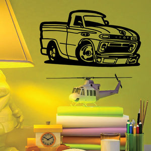 Cartoon truck wall decal in black, vinyl car design with wheels and grille