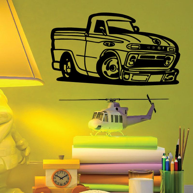Cartoon truck wall decal in black, vinyl car design with wheels and grille
