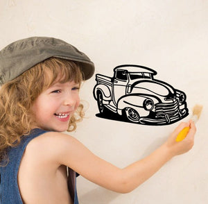 Cartoon truck wall decal, black-and-white vintage pickup design