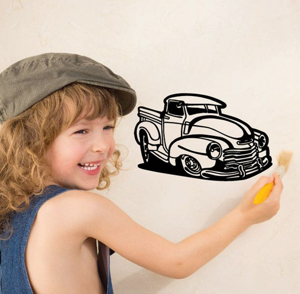 Cartoon truck wall decal, black-and-white vintage pickup design