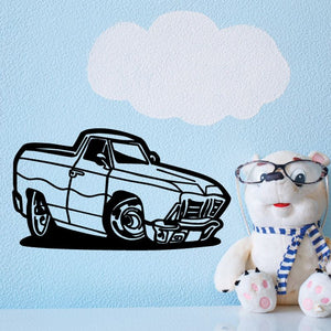 Cartoon truck wall decal, black line art with light gray details
