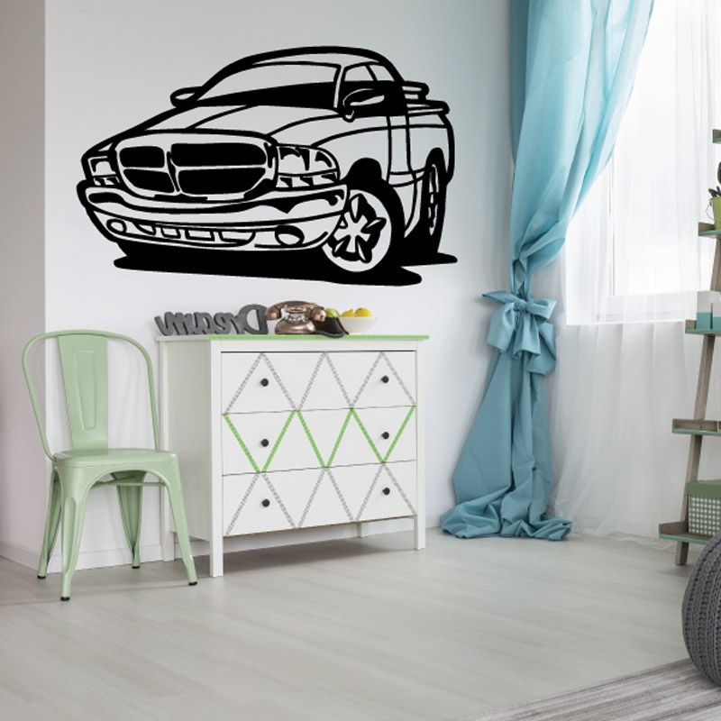 Cartoon truck wall decal, black line-art style vinyl sticker for walls