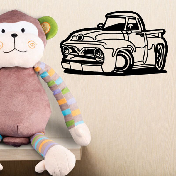 Vinyl wall decal of a cartoon pickup truck with black-and-white outline.