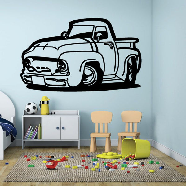 Cartoon truck wall decal vinyl sticker with black outlined truck illustration on light wall