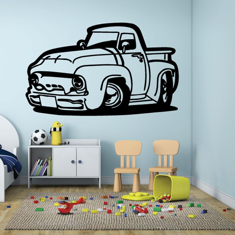 Cartoon truck wall decal vinyl sticker with black outlined truck illustration on light wall