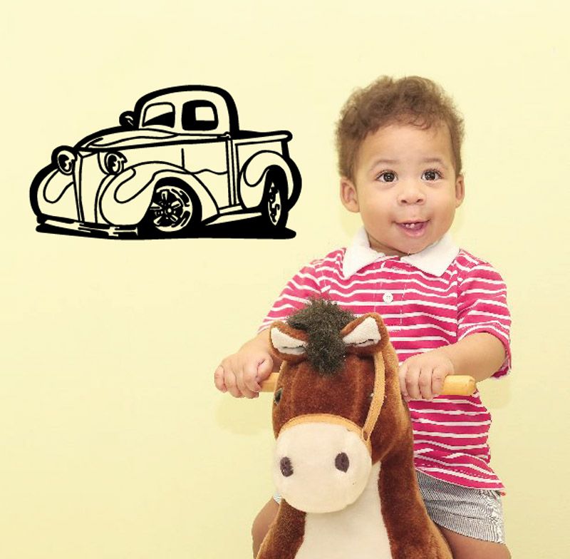 Cartoon truck wall decal with black line art on light background