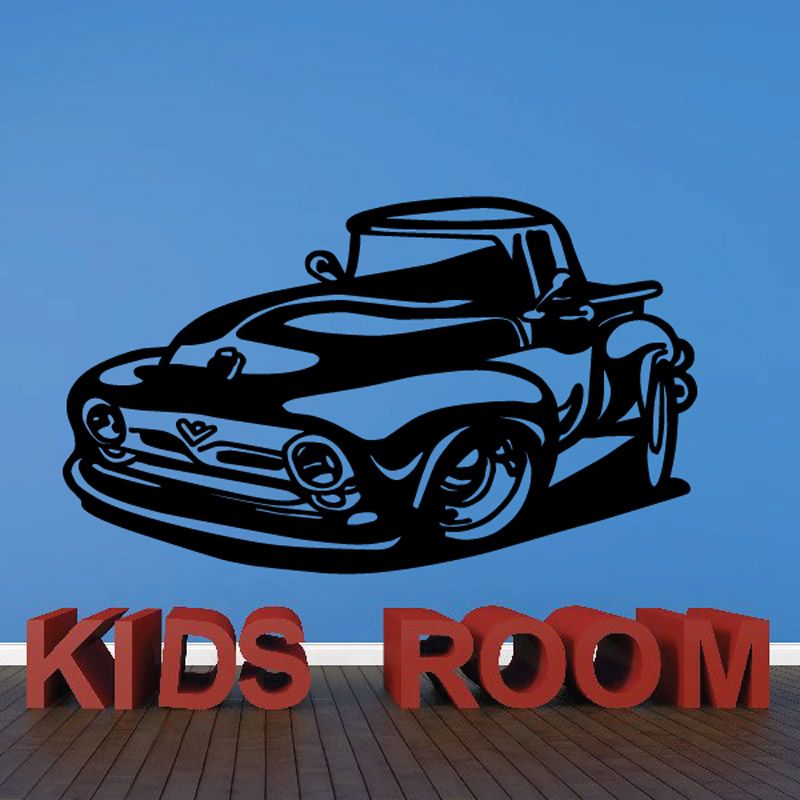 Cartoon black truck wall decal with blue windows and 'KIDS ROOM' letters