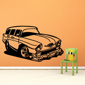 Cartoon vintage car vinyl wall decal with steering wheel and front grille