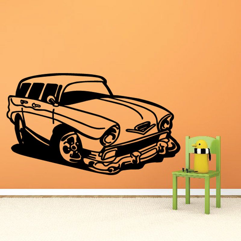 Cartoon vintage car vinyl wall decal with steering wheel and front grille