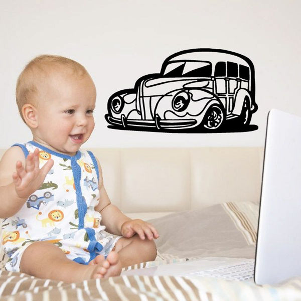 Cartoon truck wall decal, black and white vintage truck with large eyes and wheels