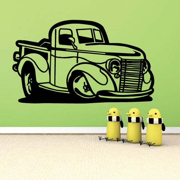 Cartoon green pickup truck vinyl wall decal with bold black outline