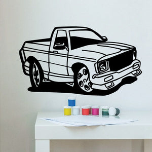 Cartoon truck vinyl wall decal in black and white, with fire-style flame details