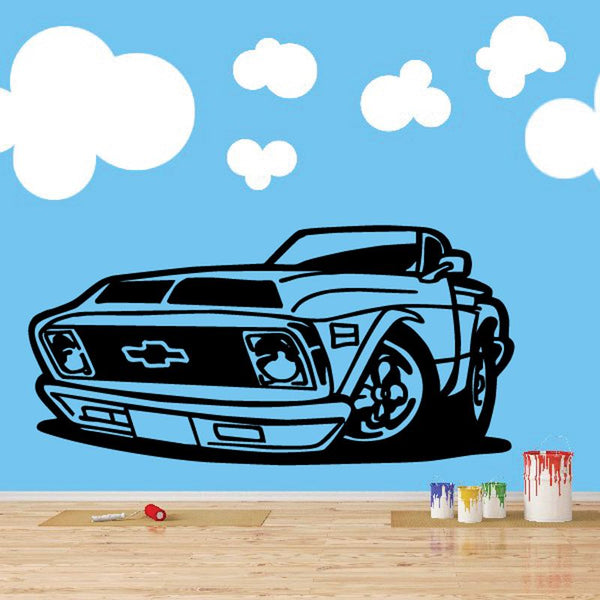 Cartoon truck wall decal with black outline and blue fill, includes small clouds