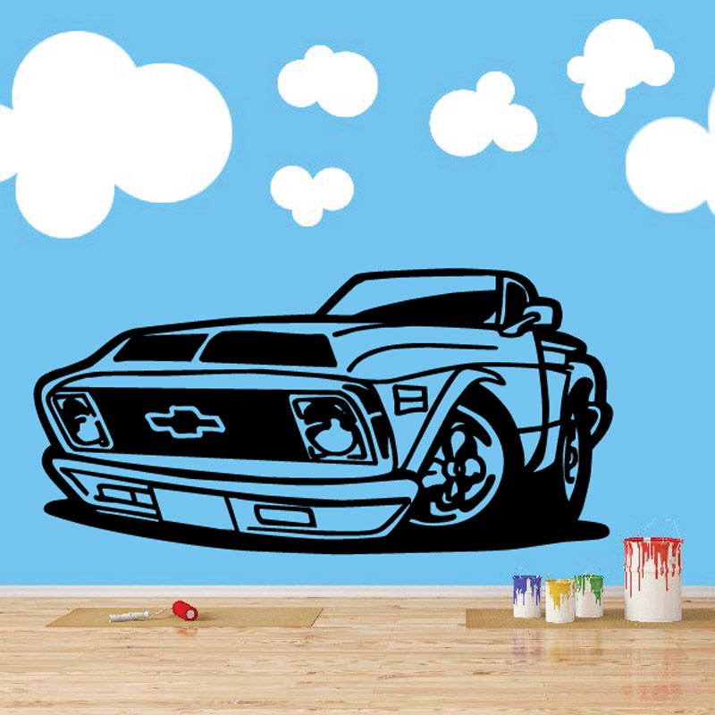 Cartoon truck wall decal with black outline and blue fill, includes small clouds