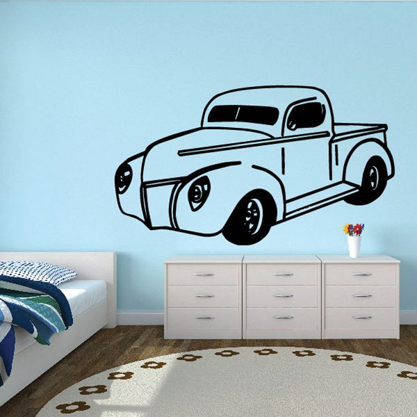 Cartoon pickup truck wall decal in white and black with red flower detail