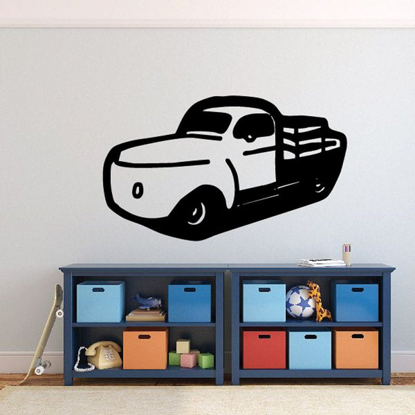 Cartoon pickup truck wall decal in white and black with grille detail