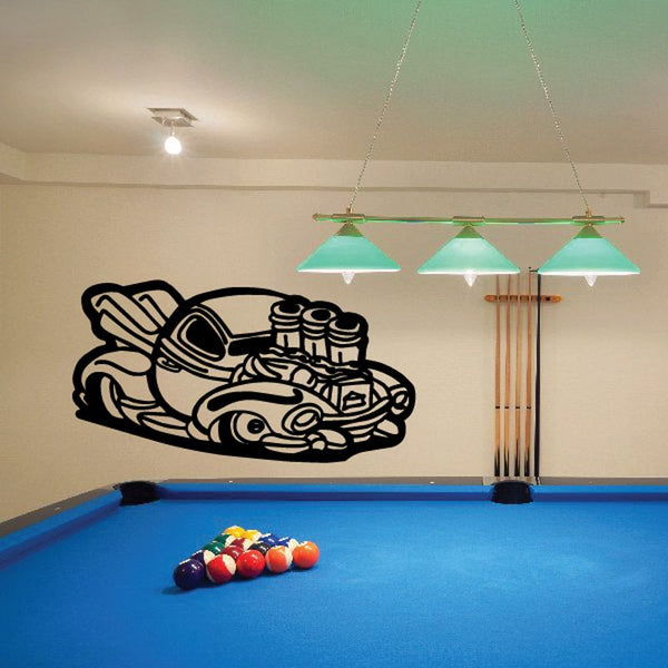 Cartoon truck wall decal with bold black line art and engine details for kids rooms