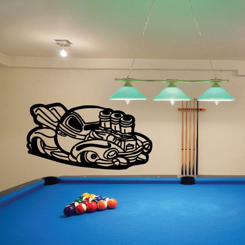 Cartoon truck wall decal with bold black line art and engine details for kids rooms