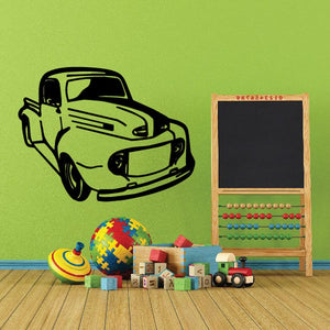 Cartoon truck wall decal, green vintage-style truck with black outlines and wheels