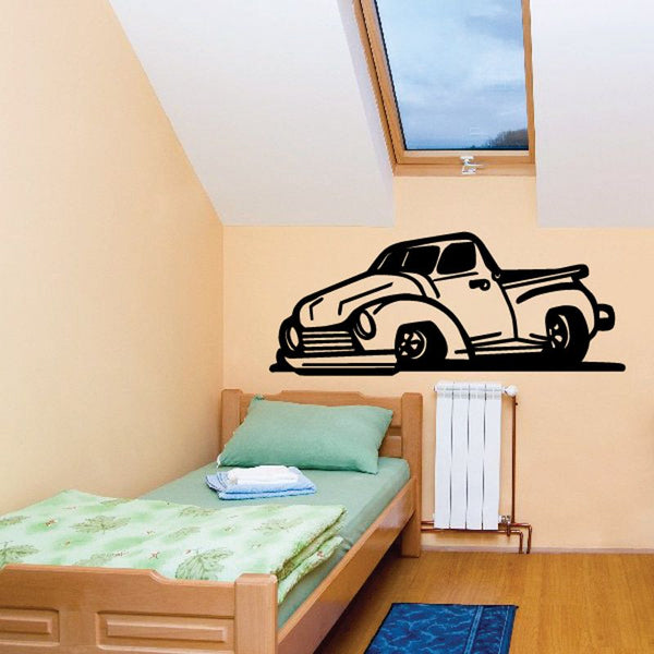 Vinyl wall decal of cartoon truck in black and white, with ground line