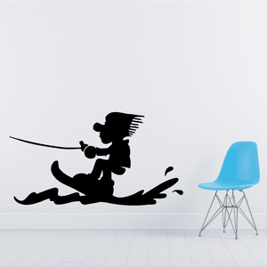 Cartoon wakeboarder decal sticker, black silhouette of rider holding rope handle.