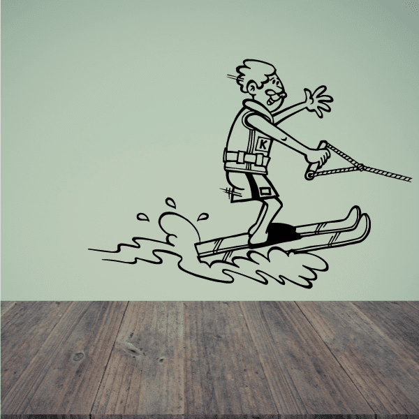 Cartoon water skiing decal featuring a skier riding a ski with water splashes