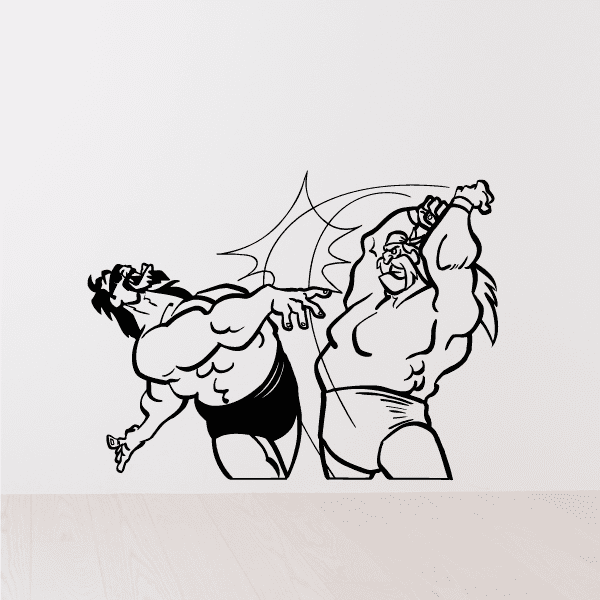 Cartoon wrestler wall decal featuring two wrestlers in a wrestling grip, black outline