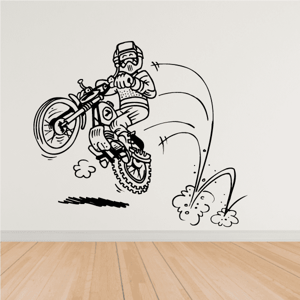 Cartoon dirt bike decal with rider, jumping bike and dust clouds, black outline