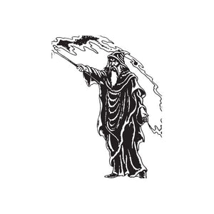 Wizard robe character decal, black line art of a robed spellcaster with raised staff