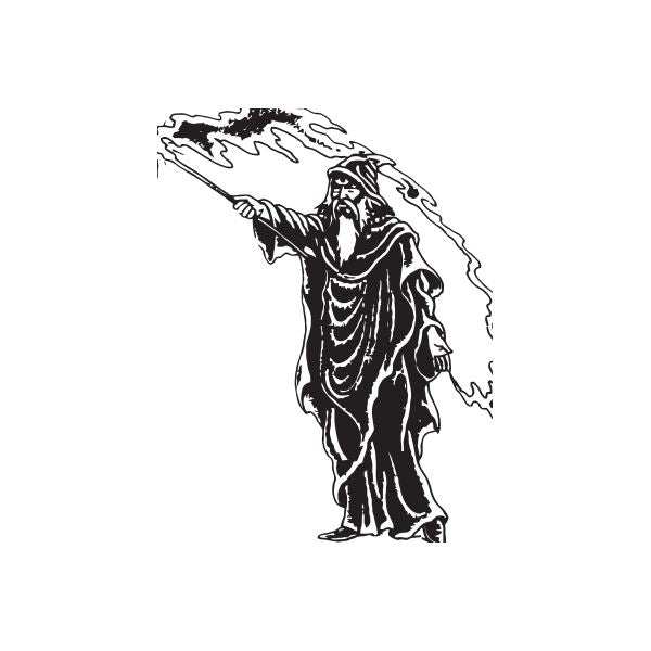 Wizard robe character decal, black line art of a robed spellcaster with raised staff
