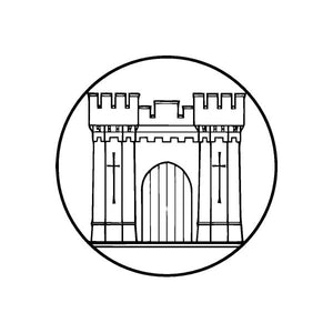 Castle gate wall decal, circular outline with black line art gateway