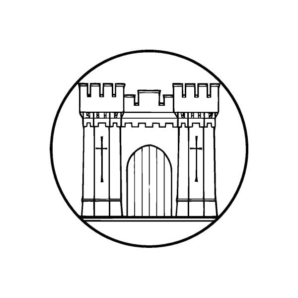 Castle gate wall decal, circular outline with black line art gateway