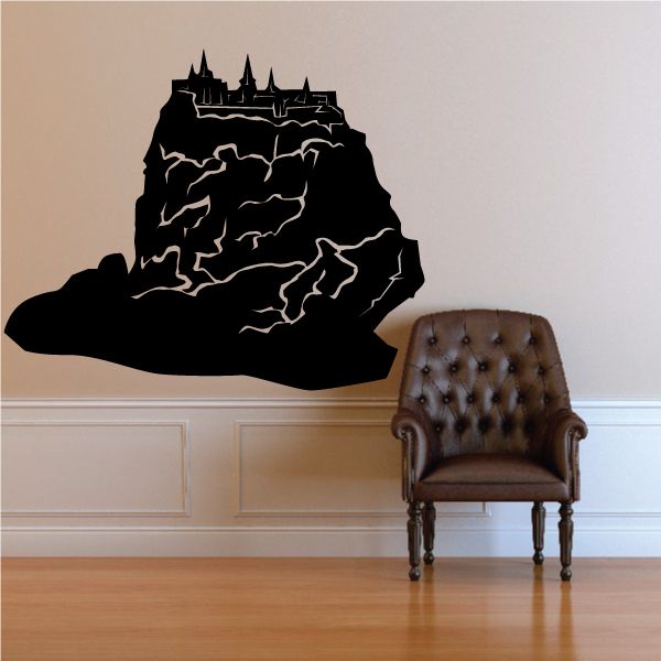 Black castle on cliff wall decal