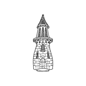 Castle tower decal with black line-art stone pattern and arched door